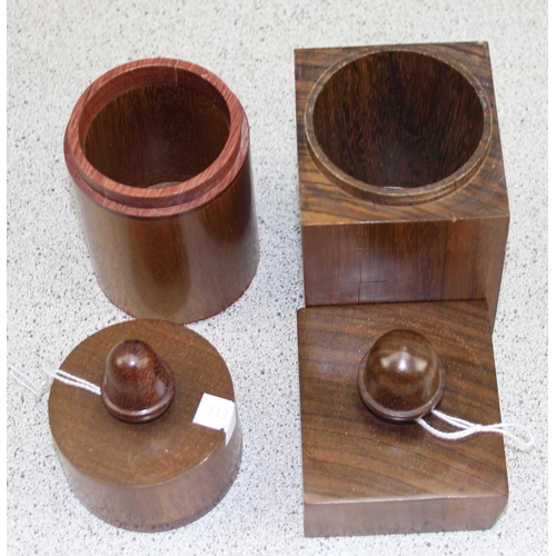 274 - Antique mahogany tea caddy and 2 treen tobacco jars (3)