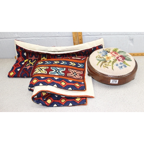 278 - Pair of large colourful hand made crewel work cushion covers approx. 50cm x 59cm and a Victorian tap... 