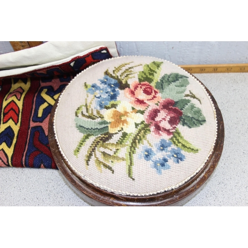 278 - Pair of large colourful hand made crewel work cushion covers approx. 50cm x 59cm and a Victorian tap... 