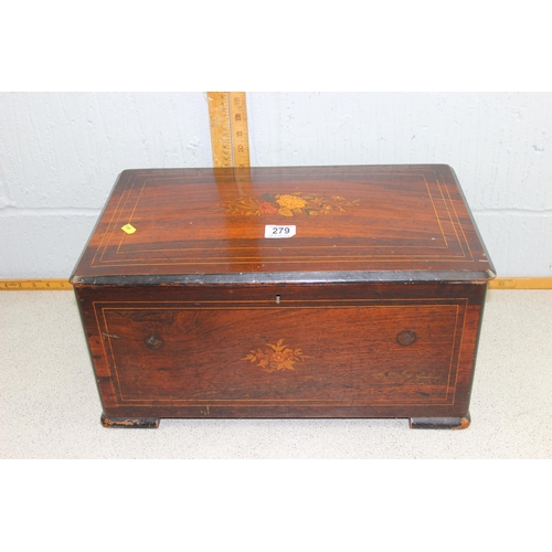 279 - Large decorative empty Victorian rosewood inlaid music box originally containing Swiss mechanical mo... 