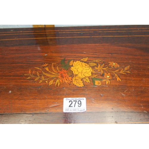 279 - Large decorative empty Victorian rosewood inlaid music box originally containing Swiss mechanical mo... 