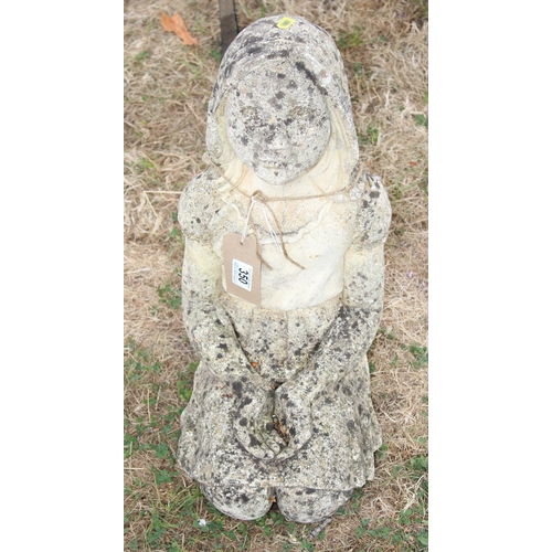 350 - Weathered concrete garden statue of a kneeling girl