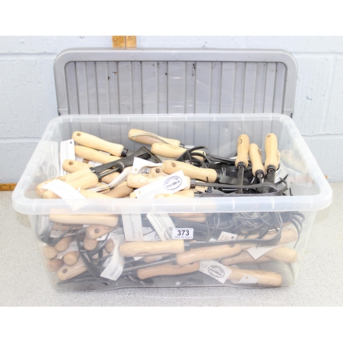 373 - Box of assorted Spork brand by DeWit of Holland ash handled garden hand tools, various unusual desig... 