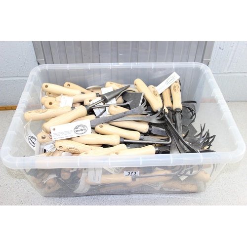 373 - Box of assorted Spork brand by DeWit of Holland ash handled garden hand tools, various unusual desig... 