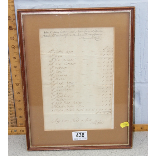 438 - An 18th century framed hand written Grocer's invoice by John Colsins dated May 11 1727 at the Three ... 