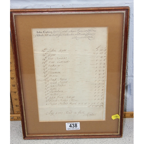 438 - An 18th century framed hand written Grocer's invoice by John Colsins dated May 11 1727 at the Three ... 