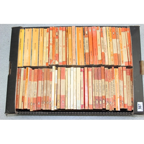 567 - A box of assorted vintage paperback books, mainly orange Penguin books