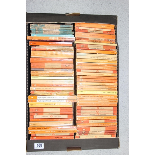 568 - A box of assorted vintage paperback books, mainly orange Penguin books