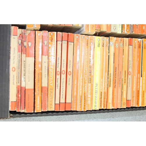 568 - A box of assorted vintage paperback books, mainly orange Penguin books