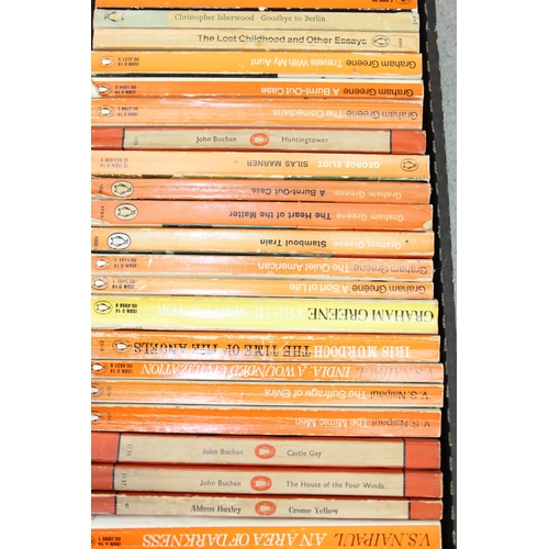 568 - A box of assorted vintage paperback books, mainly orange Penguin books