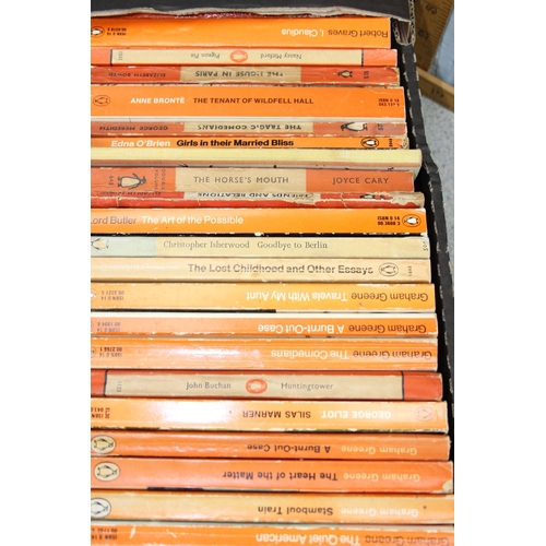 568 - A box of assorted vintage paperback books, mainly orange Penguin books