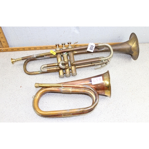 658 - 2 brass instruments, bugle and trumpet