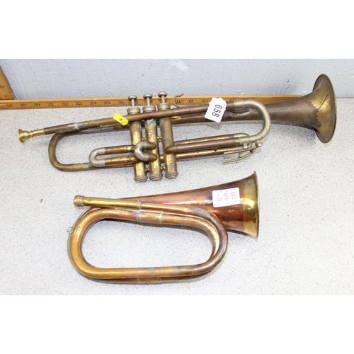 658 - 2 brass instruments, bugle and trumpet