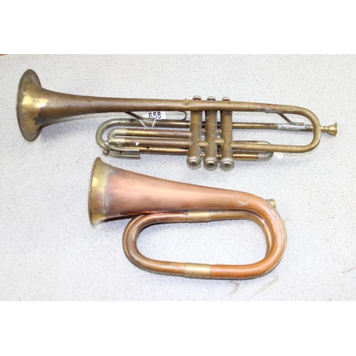 658 - 2 brass instruments, bugle and trumpet