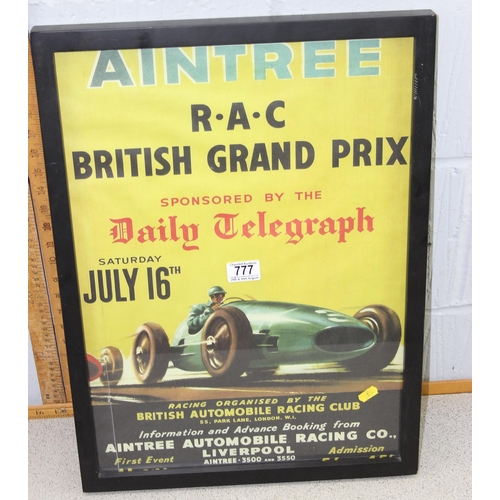 777 - Framed reproduction Aintree RAC British grand prix 1955 advertising poster