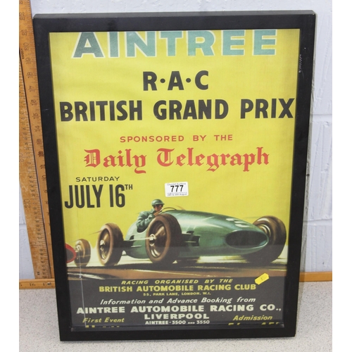 777 - Framed reproduction Aintree RAC British grand prix 1955 advertising poster