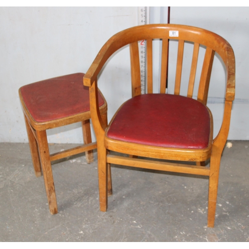 81 - Mid-century matching red leatherette and wood chair and stool