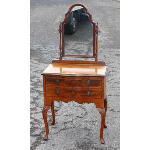 83 - A Queen Anne style small walnut 2 drawer dressing table with mirror