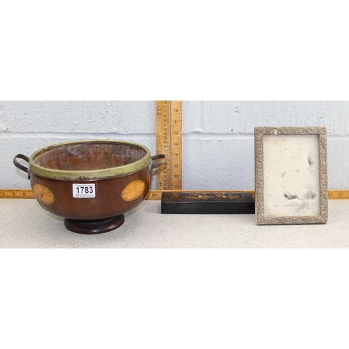 1783 - An antique Sheraton wooden salad bowl, wooden framed mirror and a vintage lacquer box (3)