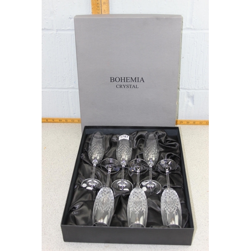 1787 - A boxed set of 6 Bohemian crystal champagne flute glasses