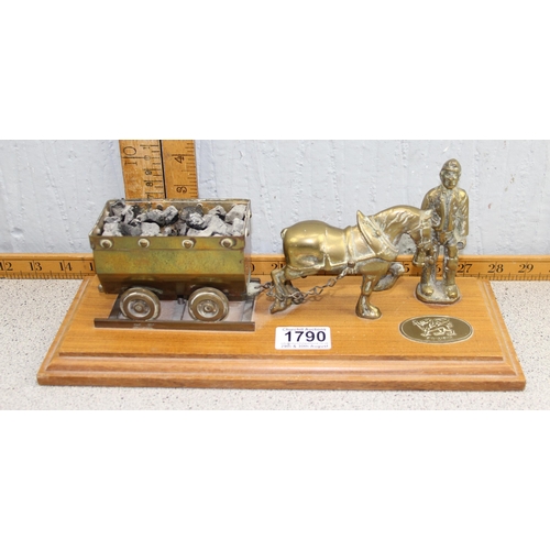 1790 - A vintage Welsh brass model of a coal miner and pit pony on wooden base