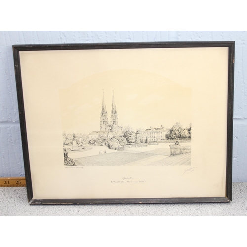 444 - Qty of antique and later framed engravings to inc one by Charles A. Barker, mainly Architectural