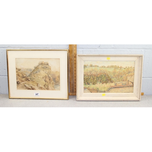 447 - Oil on board of a landscape by Maud Kennedy 1951 & an antique watercolour of 