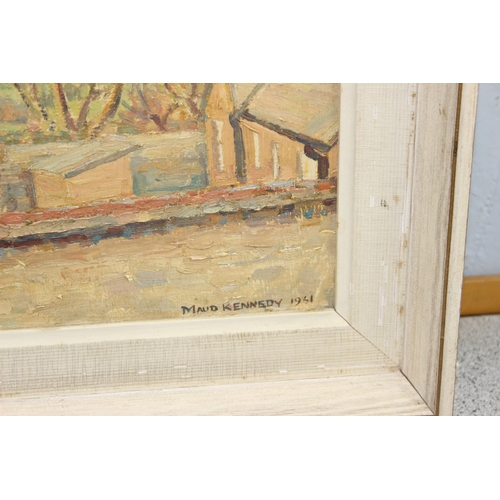 447 - Oil on board of a landscape by Maud Kennedy 1951 & an antique watercolour of 