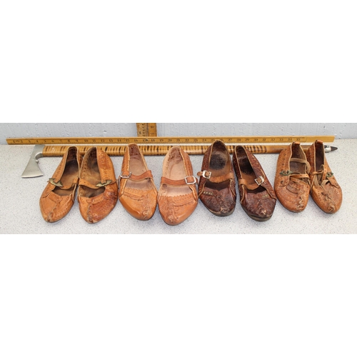 225 - 4 pairs of traditional leather Kierpce shoes and a Goral/ Zakopane traditional axe