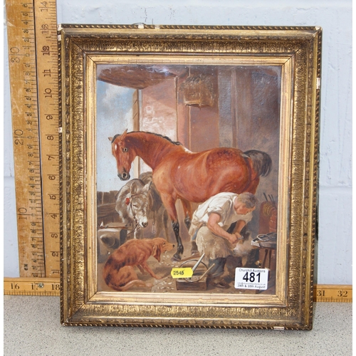 481 - A late 19th/ early 20th century oil on board of a blacksmith's shop, unsigned, approx 13