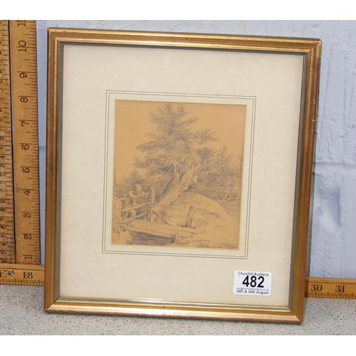 482 - Attributed to George Frost (1744-1821), an antique framed pencil sketch of a male figure leaning on ... 