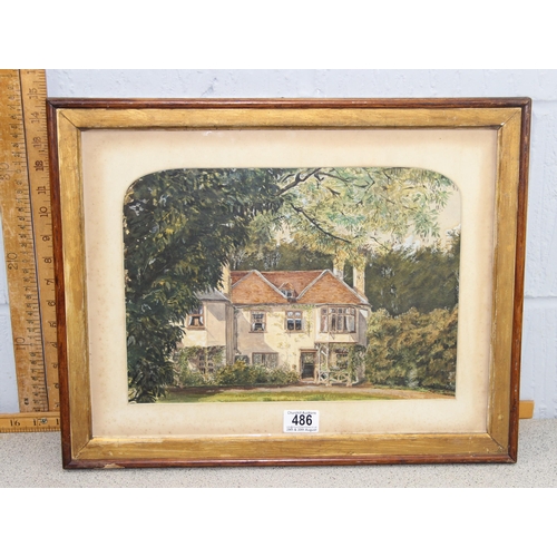 486 - Antique watercolour of a country house, unsigned, in antique frame