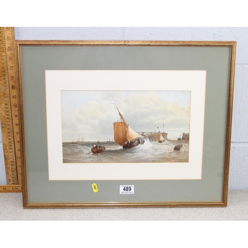 489 - Antique coloured marine school print of a boat in choppy seas