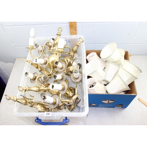 257A - 9 brass double wall lights and shades