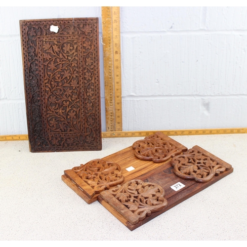 284 - An Indian carved wooden panel by Abdul Cafoor and 2 Indian carved hardwood extending book slides (3)