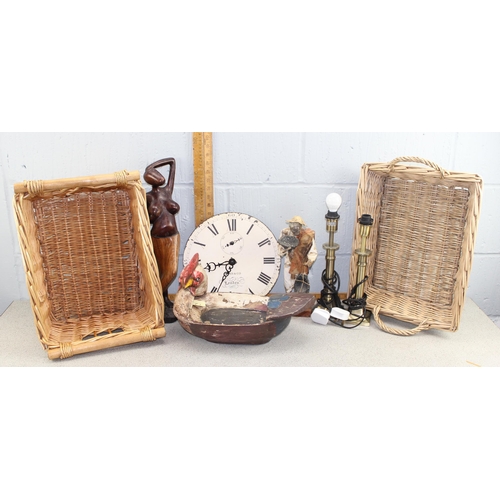 1866 - 2 wicker baskets, various woodenware, clock etc