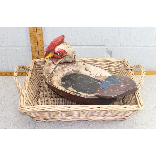 1866 - 2 wicker baskets, various woodenware, clock etc