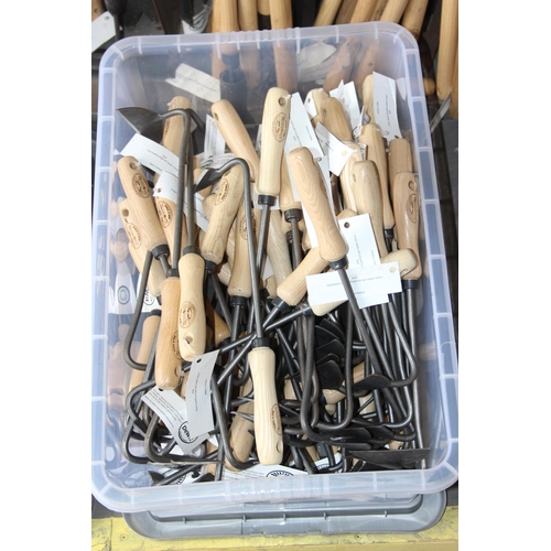 376 - Box of assorted Spork brand by DeWit of Holland ash handled garden hand tools, various unusual desig... 