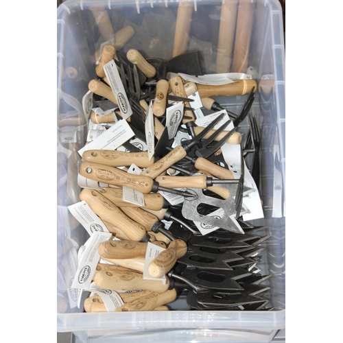 377 - Box of assorted Spork brand by DeWit of Holland ash handled garden hand tools, various unusual desig... 