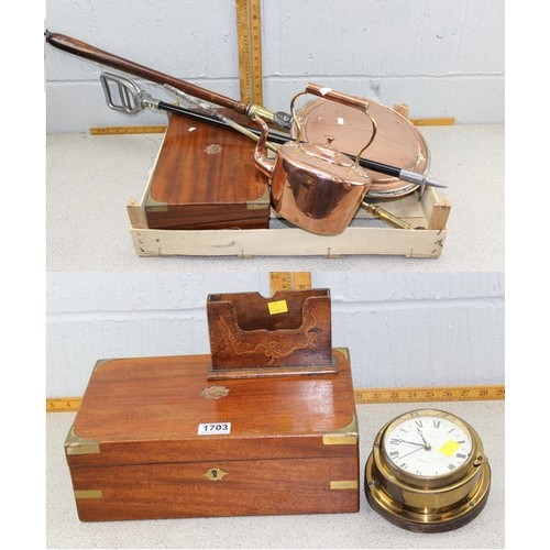 1864 - An antique copper bed warming pan, a copper kettle, brass poker and a shooting stick (4)