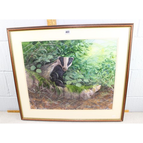 460A - Stephen Barnes (XX), watercolour of a badger in woodland setting & a modern oil on canvas of a beach... 