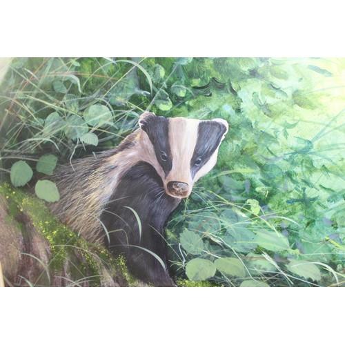 460A - Stephen Barnes (XX), watercolour of a badger in woodland setting & a modern oil on canvas of a beach... 