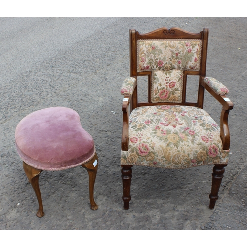 17 - Upholstered wooden armchair and a vintage kidney shaped stool