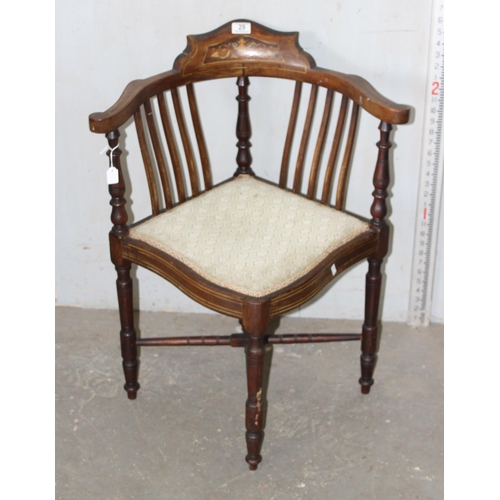 29 - Edwardian mahogany corner chair with Sheraton inlay and upholstered seat