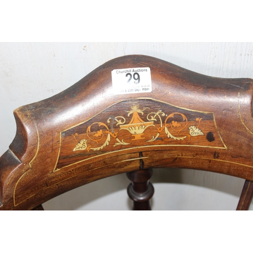 29 - Edwardian mahogany corner chair with Sheraton inlay and upholstered seat