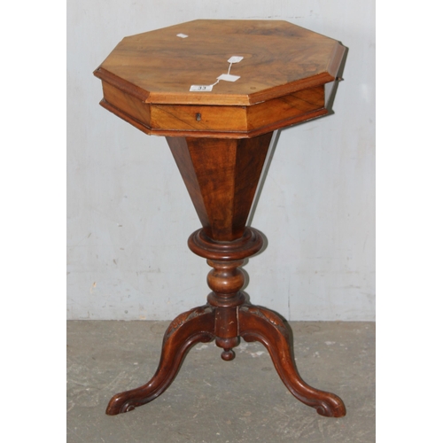 33 - An antique walnut trumpet shaped sewing table