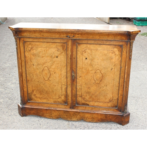 42 - Victorian walnut & ormolu credenza type wall cabinet with figured top above a marquetry inlaid doors... 