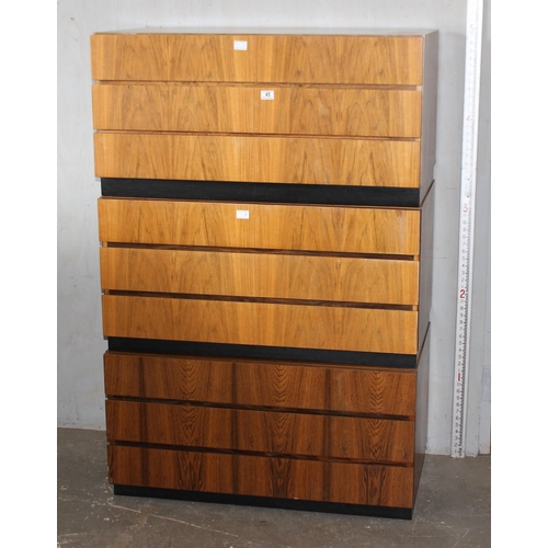 45 - Unusual stack of 3 retro triple-draw rosewood effect units, approx 153cm tall x 100cm wide