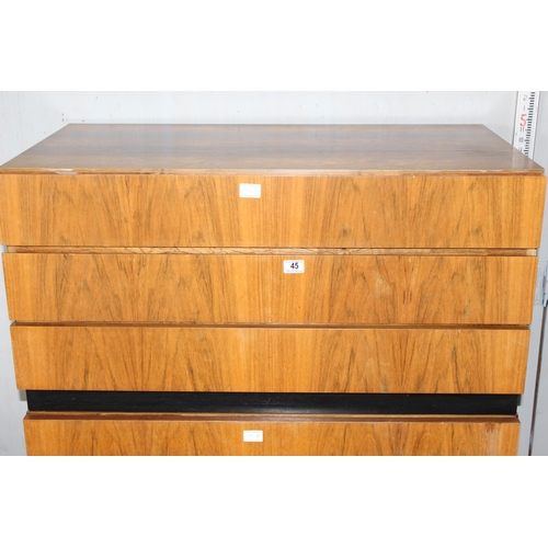 45 - Unusual stack of 3 retro triple-draw rosewood effect units, approx 153cm tall x 100cm wide