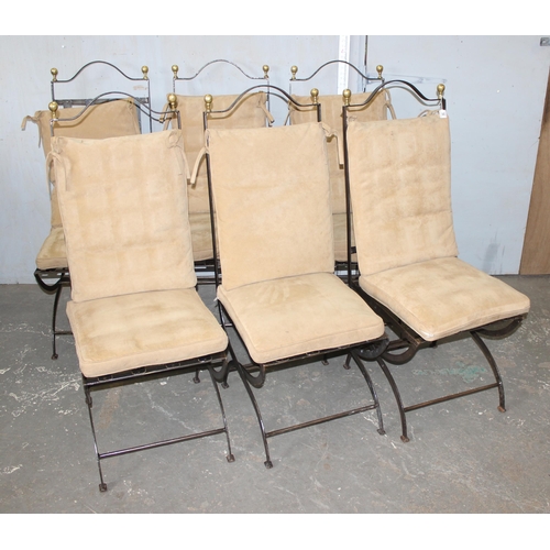 56 - A set of 6 wrought iron chairs with suede cushions and brass pommels